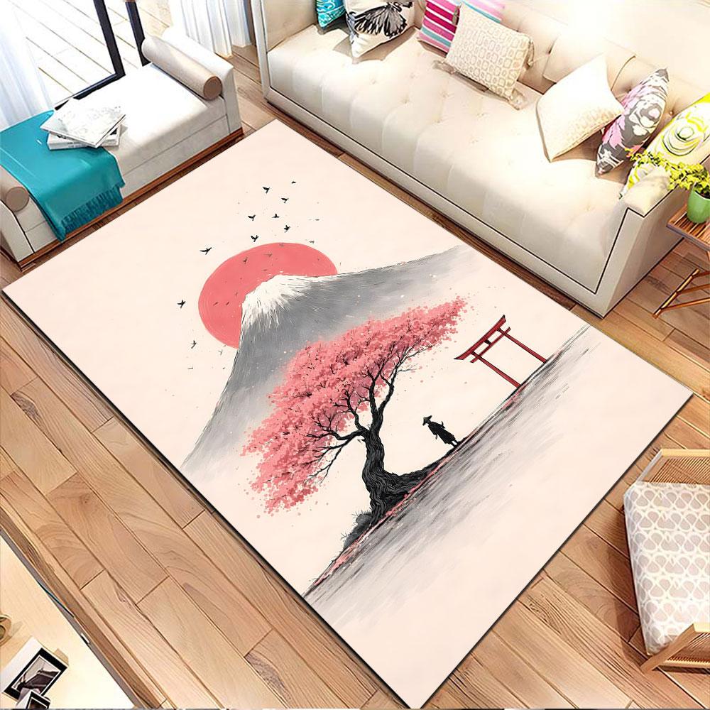 Mount Fuji with Sakura and Red Sun Patterned carpet, non slip mat suitable for living room and bedroom sofas