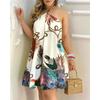 Tropical Print Halter Neck Dress, Vacation Style Backless Dress for Spring & Summer, Women's Clothing