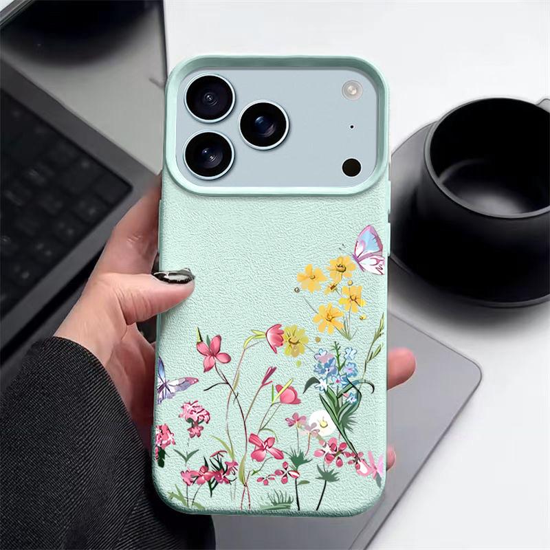 Mini Blossom Print Protective Soft TPU Leather Texture Cover For iPhone 17 Pro Max Air 16e 15 14 13 Shockproof Case