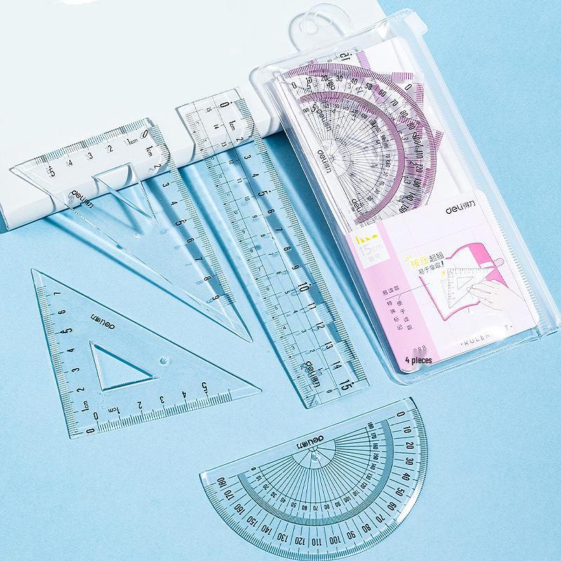 Deli 71988 Easy Pickup Ruler Set: Student Ruler, Straight Ruler, Triangle Ruler, Protractor, Multi-Spec Transparent Set