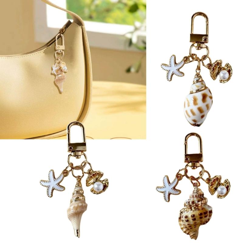 Oceanic Shell Alloy Keychain Pearls Accent Lightweight Versatile Purse Charm Jewelry Multi Functional Accessory
