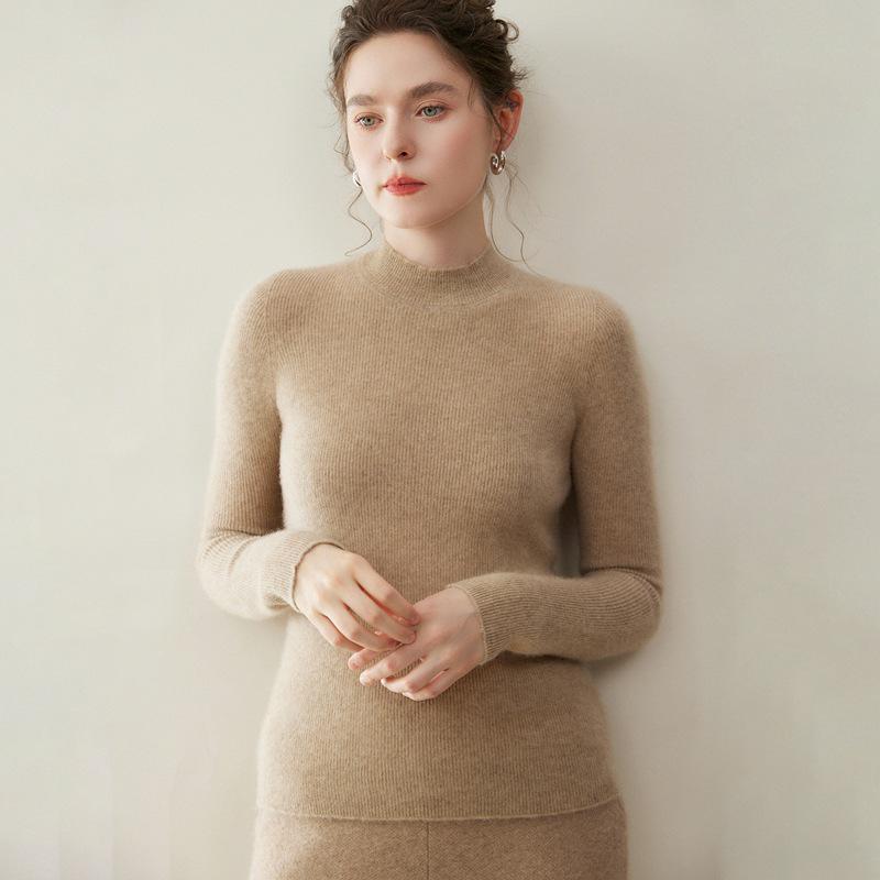 Classic Women's Cashmere Knit Pullover: Striped Half-High Collar, Solid Color, Autumn/Winter Commute Sweater
