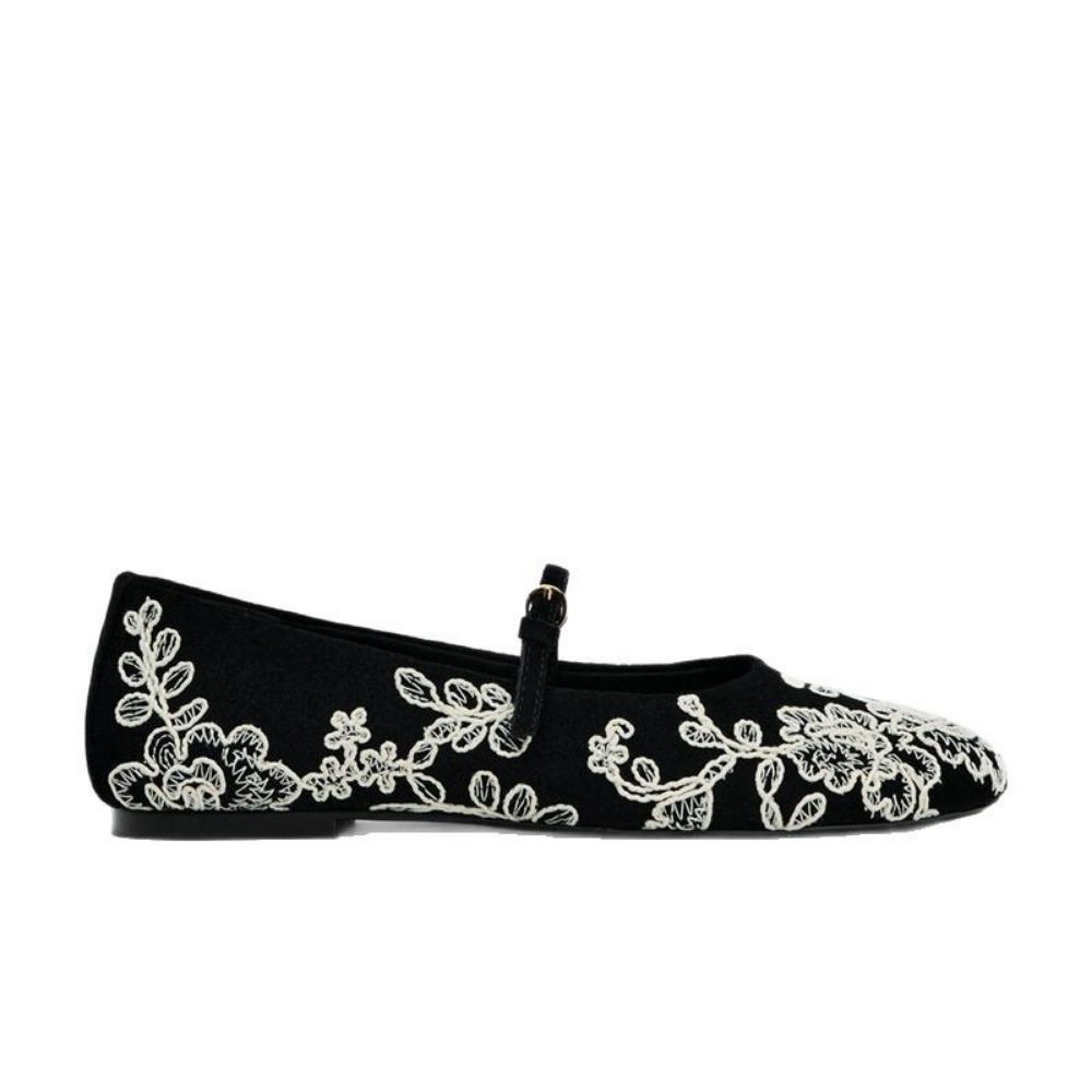 Fashion Retro Embroidered Flower Flat Ballet Shoes for Women 2025 Spring New French Round Head One Word Mary Jane Single Shoes Womens
