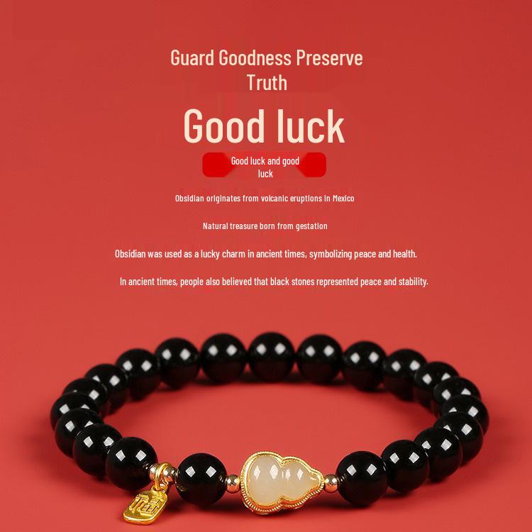 Women's Black Obsidian Gourd Bracelet - Year of the Rat Lucky Charm, Imitation Hetian Jade, Original Couple Gift.