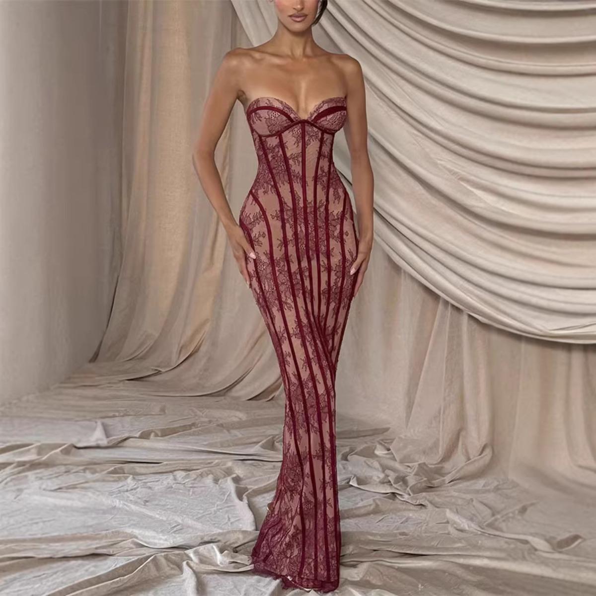 Women s Strapless Lace Maxi Dress Slim Fit High Waist Mermaid Party Evening Gown S