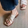 Sheepskin version~ Leather square head cross-strapped shoes for women's summer wear literary and retro woven thick-heeled sandals