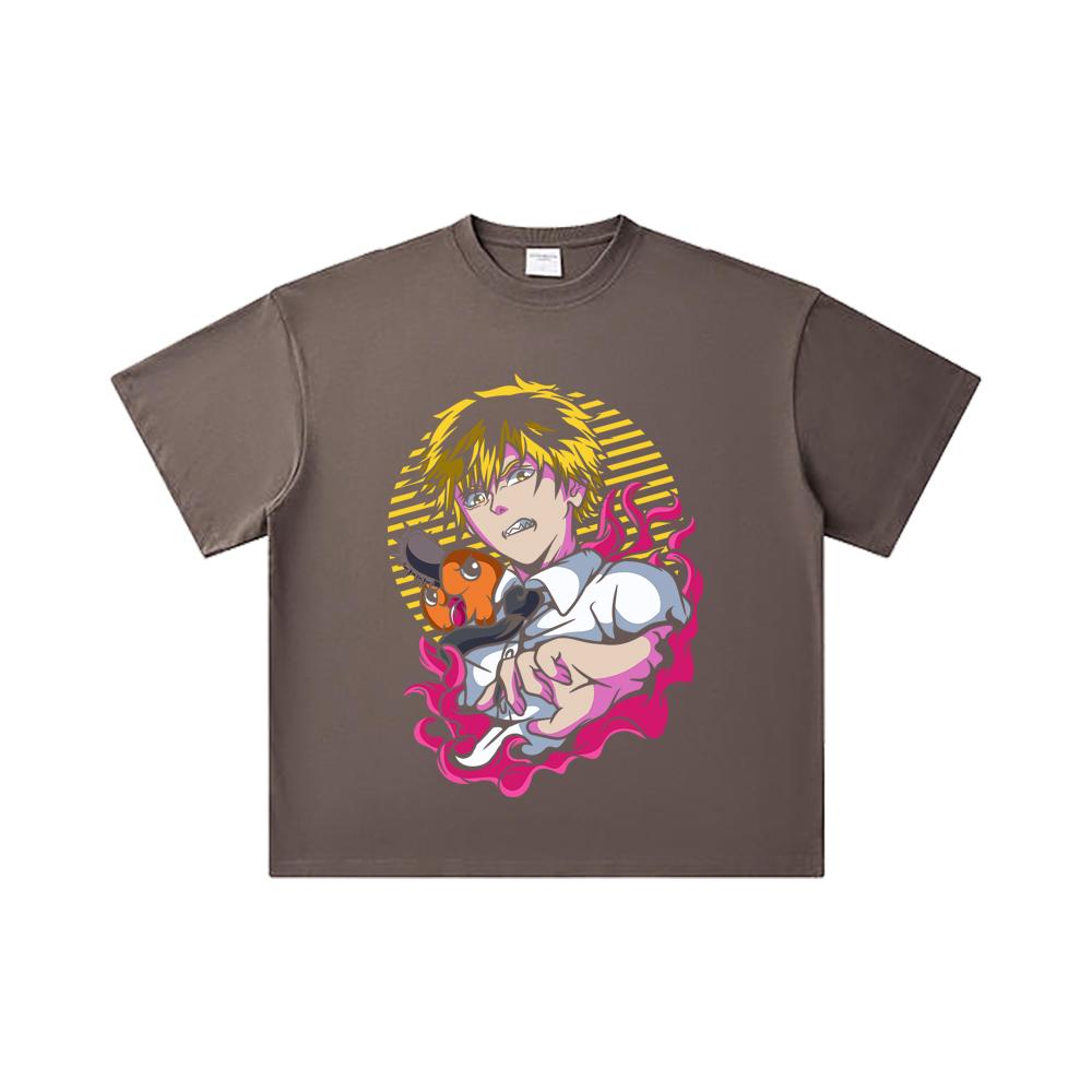 260 GSM Double Yarn 32 Count 100% Cotton Chainsaw Man V4 Denji X Pochita Print Unisex Heavy Cotton T Shirt