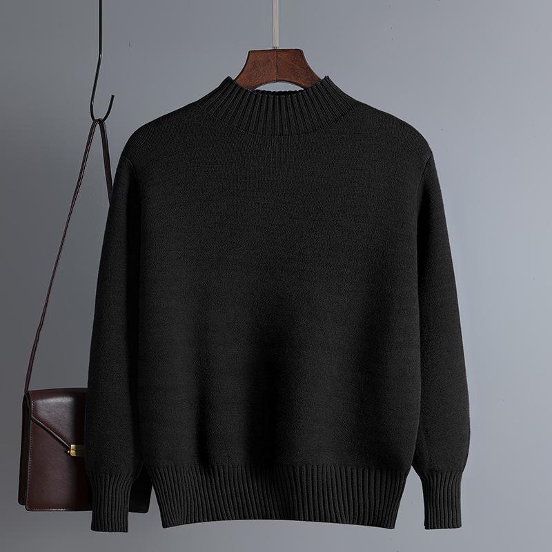 Women's Winter Korean Style Fleece Knit Pullover, Solid Color, Half-High Collar, Slim-Fit Base Layer Top.
