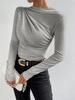2024 High Neck Solid Color Slim-Fit Women's Long Sleeve Ruched T-Shirt