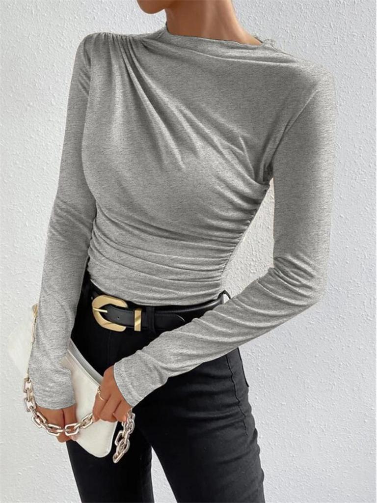 2024 High Neck Solid Color Slim-Fit Women's Long Sleeve Ruched T-Shirt