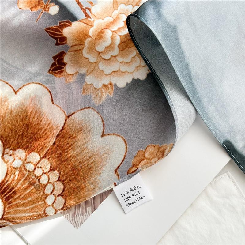 53x170cm100% Mulberry Silk Scarf Floral Print Long Shawl Lightweight Spring Summer Wrap Elegant Fashion Accessory for Women