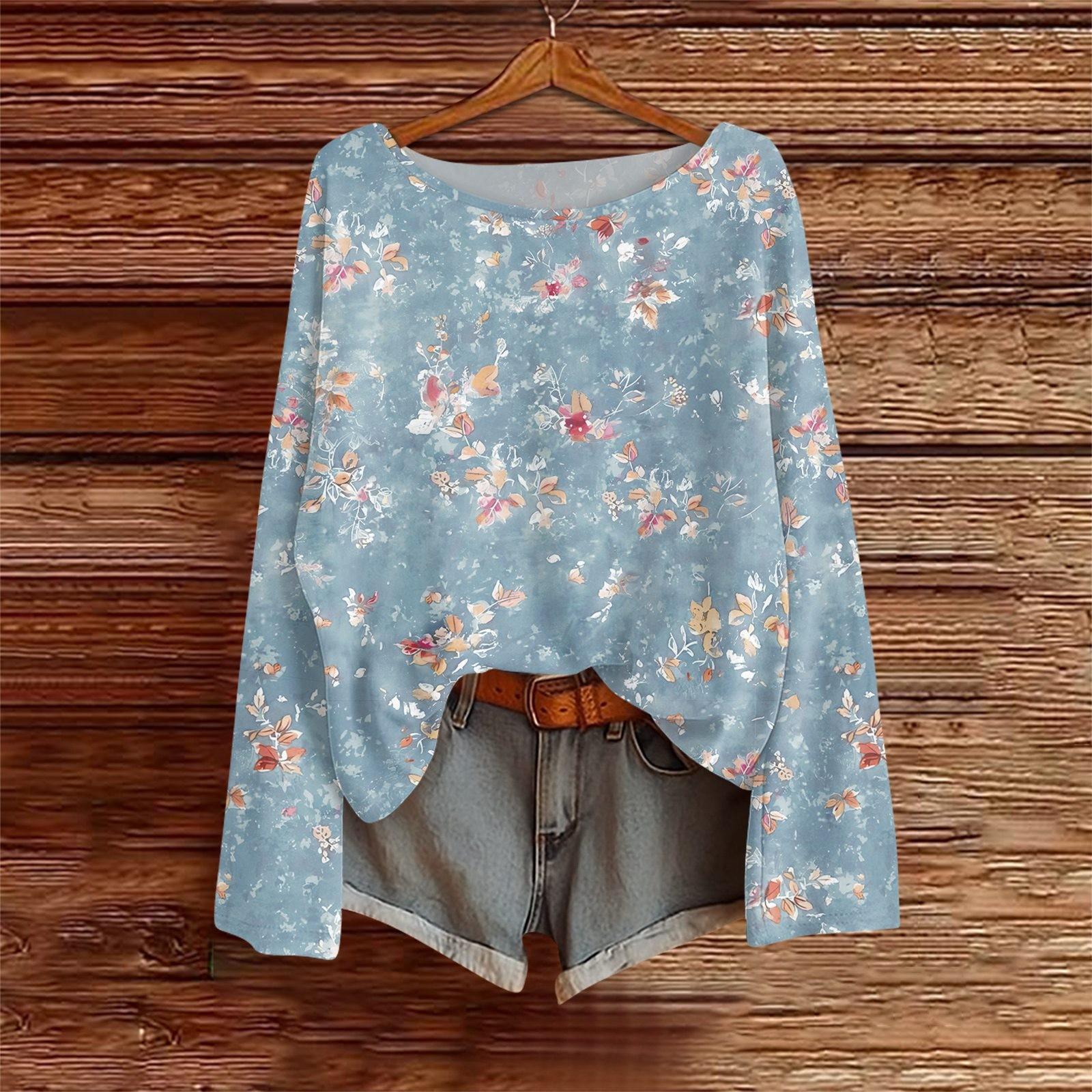 

Long Sleeve Shirts For Women Print Graphic Tees Blouses Casual Plus Size Basic Tops Pullover L синій