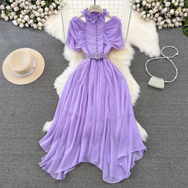 Frauen Süße Stehkragen Off Schulter Plissee Taille Schlank A-linie Elegante Lange Kleid Mode Frühling Herbst