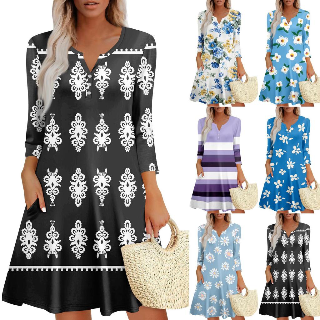 Women's Summer Dress Loose V Neck Three-quarter Sleeve Sundress With Pockets Dress