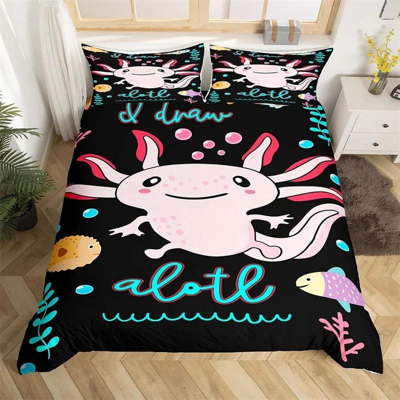 Cartoon Salamander Bedding Set, Maple Leaf Duvet Set, Microfiber Marine Life Three-Piece Set.