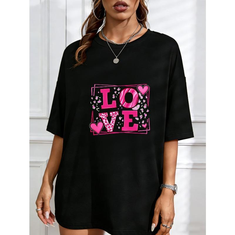 Cotton T Shirt White Love Pink Heart Leopard Print Design For Valentine Day Casual Wear