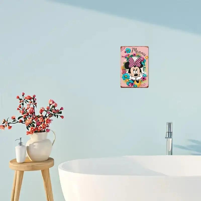 2D Flat - 1pc Minnie Mouse Floral Tinplate Wall Art - 12x8 Inch Metal Sign with Pink Bow & Multicolor Flowers, Vintage Home Deco