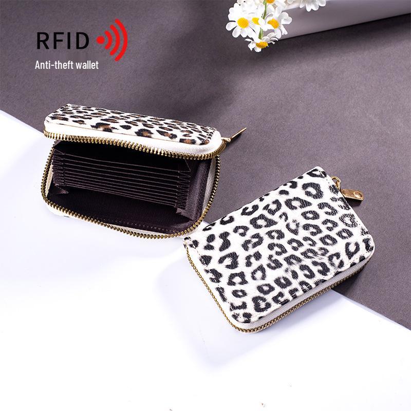 RFID Anti-theft Leopard Print Women's Accordion Card Holder with Zipper Coin Purse and Large Multi-card Capacity