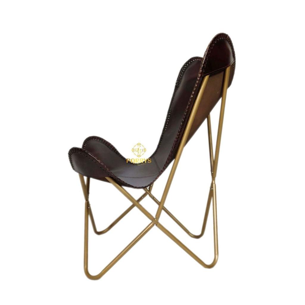 Sessel, indisches Leder, Schmetterlingsstuhl, Eisenständer, Leder-Loungesessel