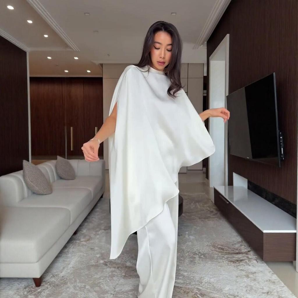 2026 Spring White Wide-Leg Pants Suit: Casual Two-Piece with Irregular Design