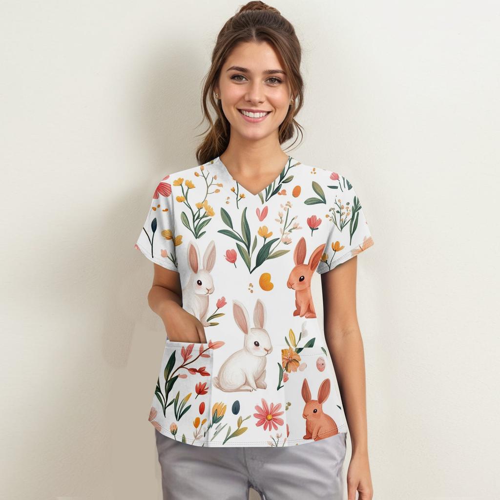 Kvinnemote V-hals kortermet arbeidstøy med lommer trykte topper