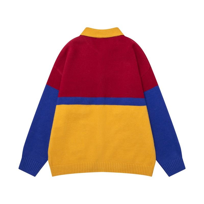 American Vintage Color Block Cat Embroidery Knit Cardigan Loose Fit Couples