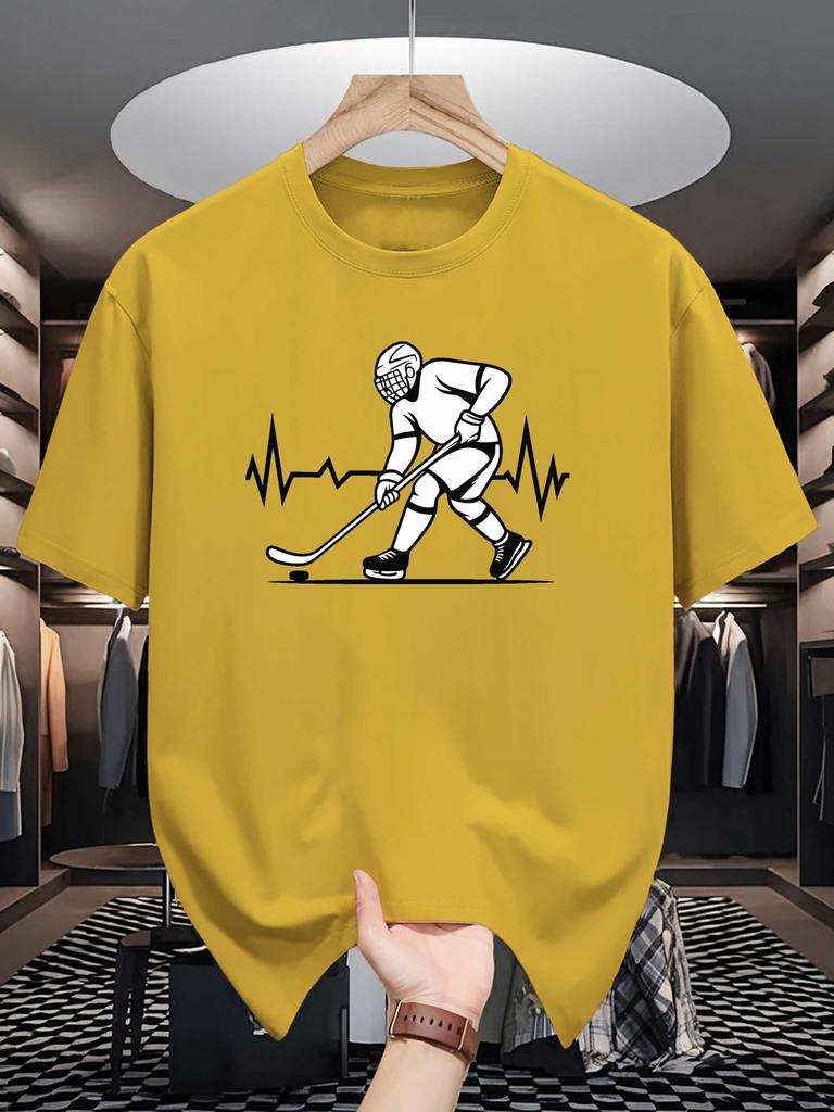 Unisex Beige Tee Ice Hockey Player Heartbeat Line Art Graphic Print Crew Neck Short Sleeve Summer Casual Male Cotton Street Top