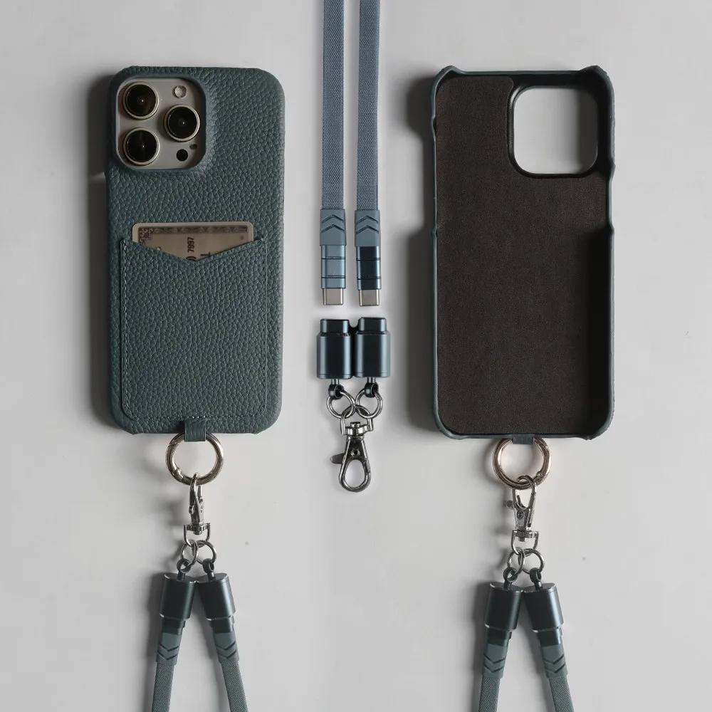 Multifunktionales Ladekabel-Lanyard Echtes Lederhülle Für iPhone 16 Pro Max 15Pro 11 13 12 14Pro Umhängeband Kartenfach