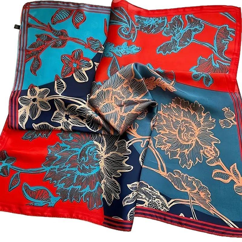 Women's Korean Style Retro Printed Imitation Silk Scarf for Professional and Casual Use