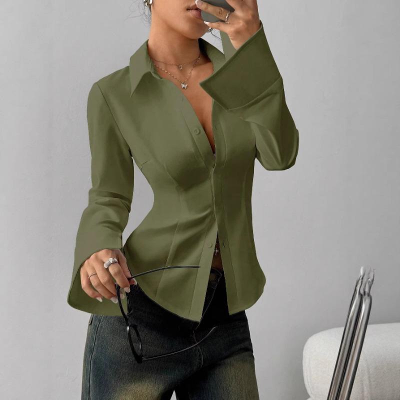Camicia Casual da Pendolare da Donna, Vestibilità Aderente, Bottoni, Maniche Lunghe Svasate