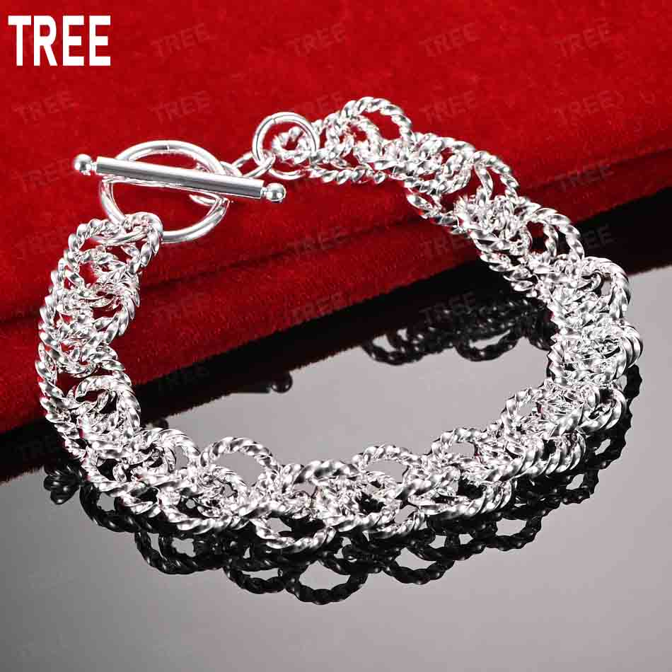 925 Sterling Silver Twisted Ring Interlocking Side Chain Bracelet Gift Jewelry 20CM