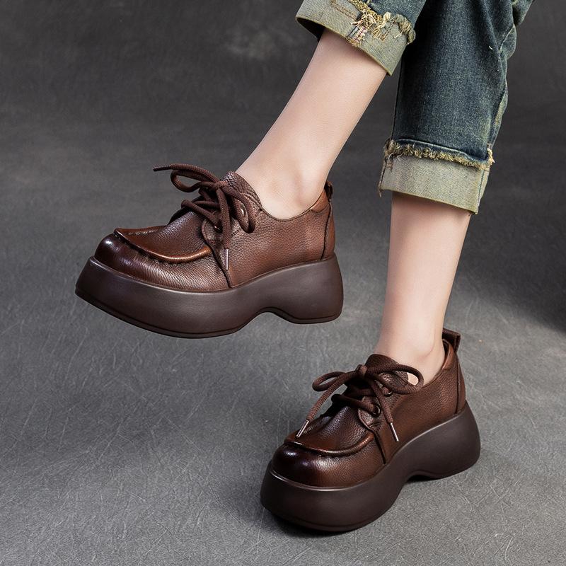 Fashion GKTINOO 2024 Autumn New Genuine Leather Solid Color Casual Thick Sole Shoes Lace Up Versatile Women's Flat Platform Shoes