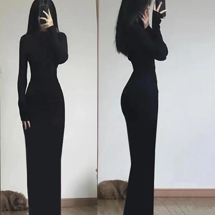Temperament high-end long-sleeved dress women's autumn and winter clothing new high-waisted and thin pure desire sexy spice girl knee-length dress