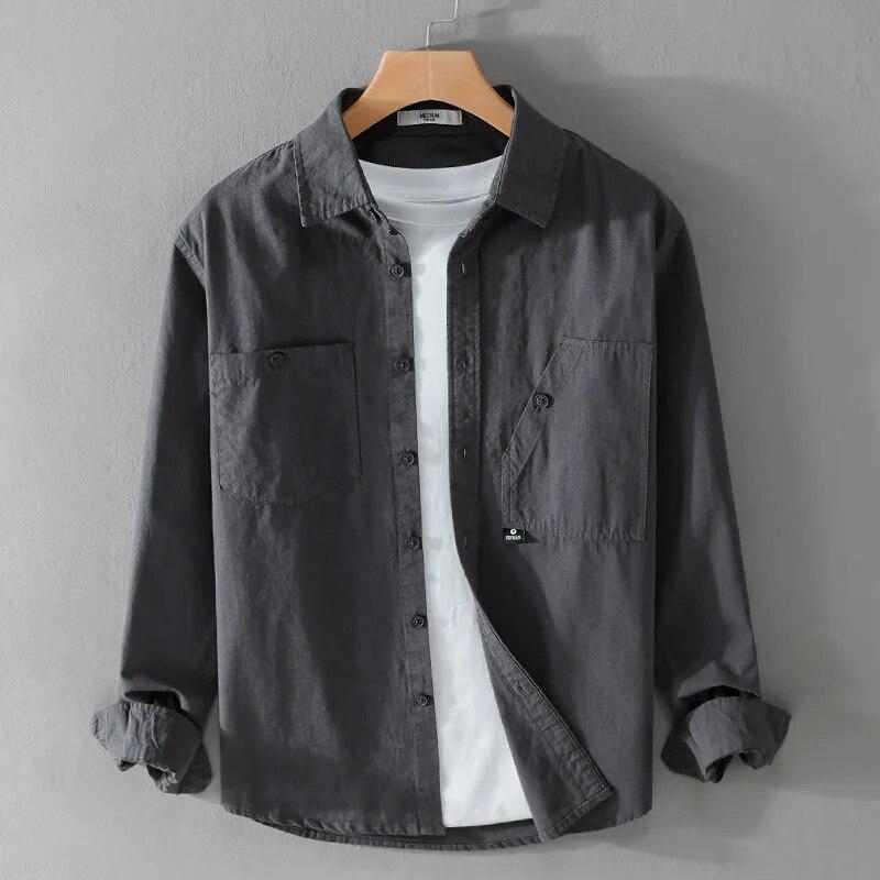 Retro Style Cargo Shirts for Men Spring/autumn Casual 100Cotton Long Sleeve Solid Color Shirt with Pocket Korean Fashion Youth Men Clothing
