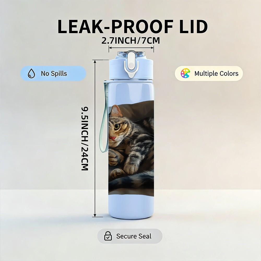 1PC Two Cats Rest On Pillow 750ml Color Plastic Sports Water Bottle Leakproof Flip Straw Lid Suitable for Sports Office Home Use