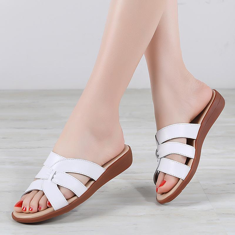 New Cowhide Mother Slippers for Women In Summer Soft Sole Outdoor Wear Pregnant Women's Medium-old Large Size Flat Ladies' Slippers