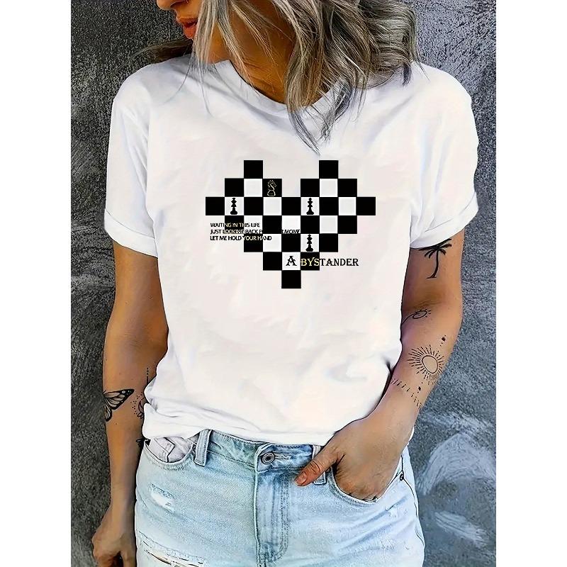 

European Size Women s Casual Short Sleeve T-Shirt with Heart Checkered Chess Print & Inspirational Quote - Soft Stretch Round Neck Summer Top 4XL