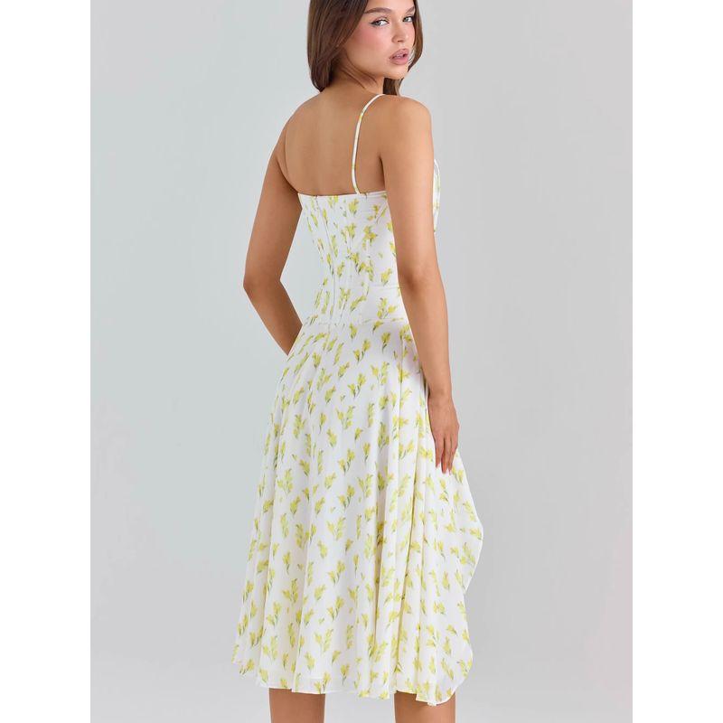 Sweet Moon God House Same Style Beautiful Holiday Style Irregular Split Floral Elegant Lace-up Sling Dress