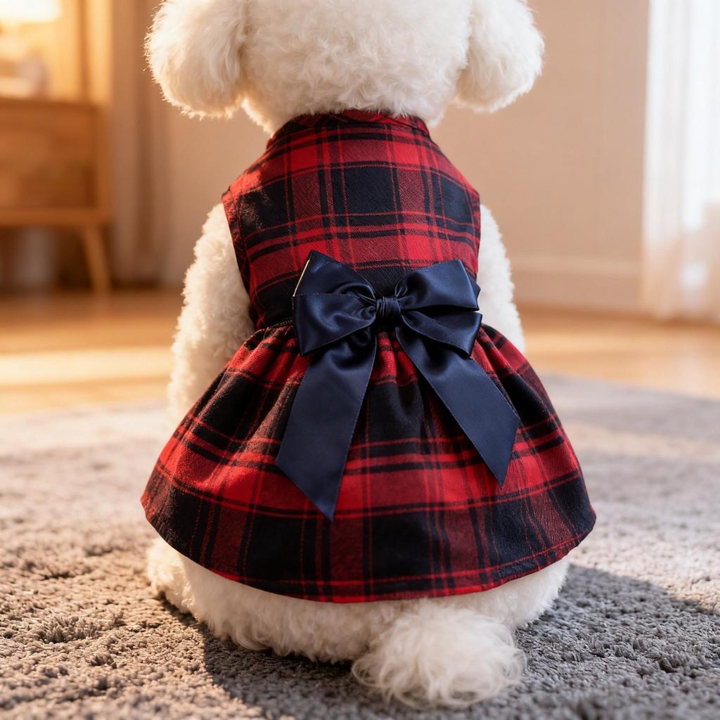 1PC Large Plaid British Style Double-layer Bow Dress Suitable for Wearing Dog Clothing All Year Round, Pet Dog