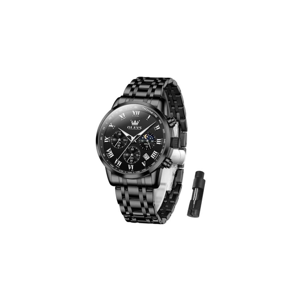 OLEVS Men s Classic Analog Quartz Watch Multifunction Chronograph Stainless Steel Waterproof Black Band Black Face