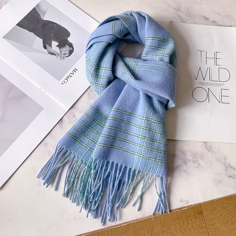 Cool blue pure wool scarf women's winter thickened plaid scarf men's long warm haze blue shawl