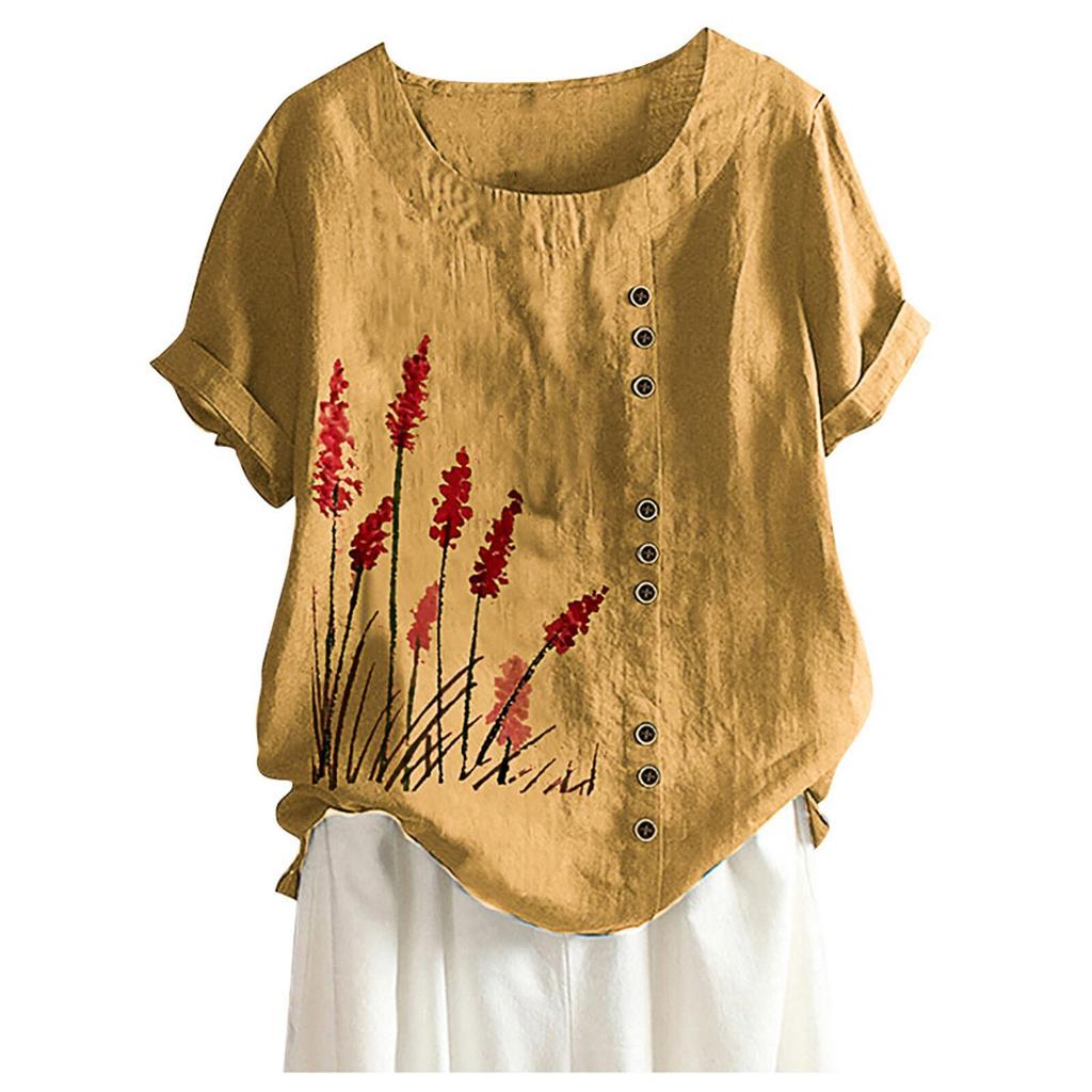 Frühling Herbst Tasten Große Größe Bluse frauen Tops Lose Rundhals Kurzarm Blumen Druck Shirts