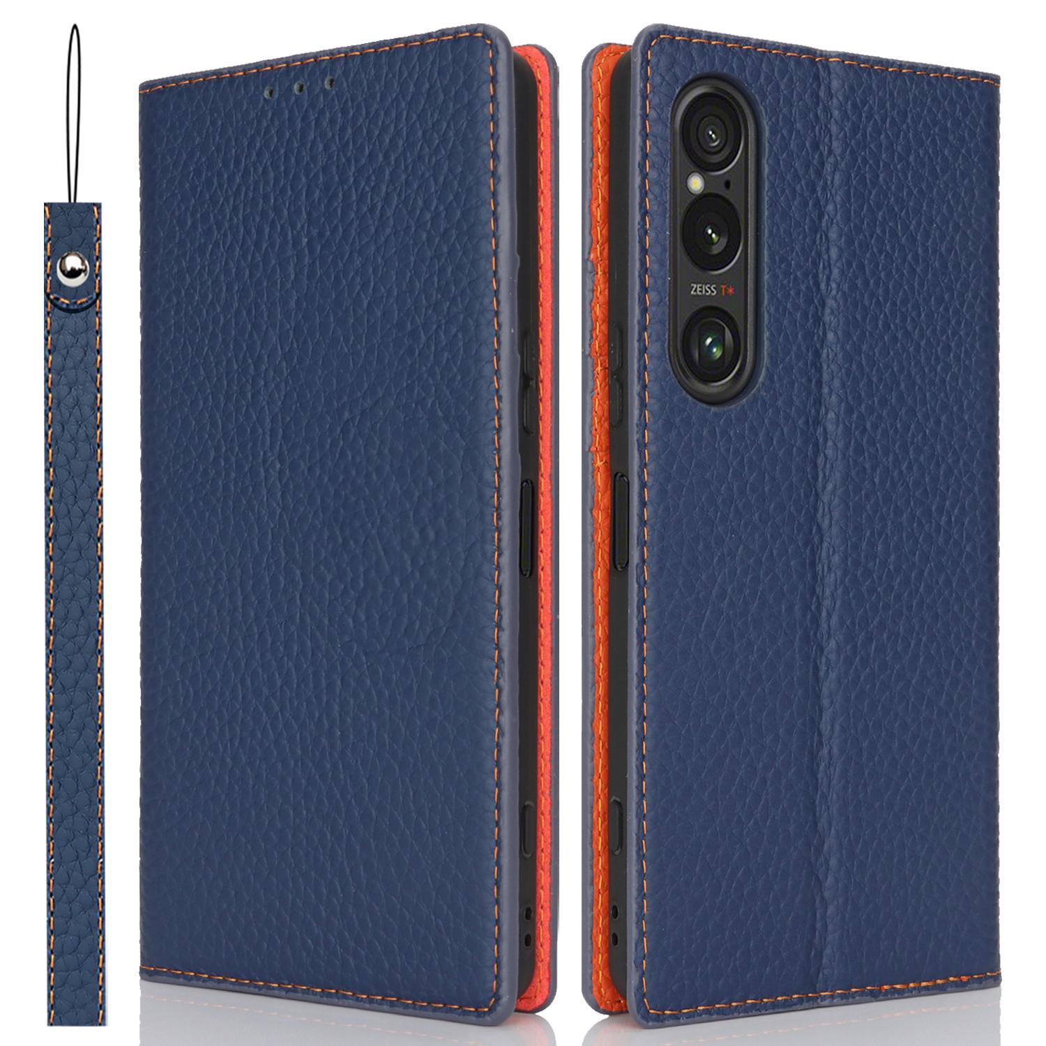 

For Sony Xperia 1 VI Case Genuine Cow Leather Litchi Texture Flip Phone Cover Dark Blue