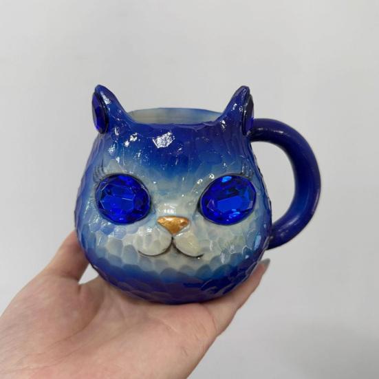 Handmade Resin Cat Face Water Cup Geode Kitten Mug Unique Artistic Drinkware Insulated Coffee Cup for Cat Lovers Mineral Collectors