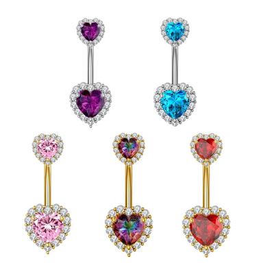 Anillo Doble Corazón para Ombligo Cristal Zircón Rojo Azul Sexy Body Piercing Navel 14G Acero Inoxidable Joyería Curva para Piercing de Ombligo