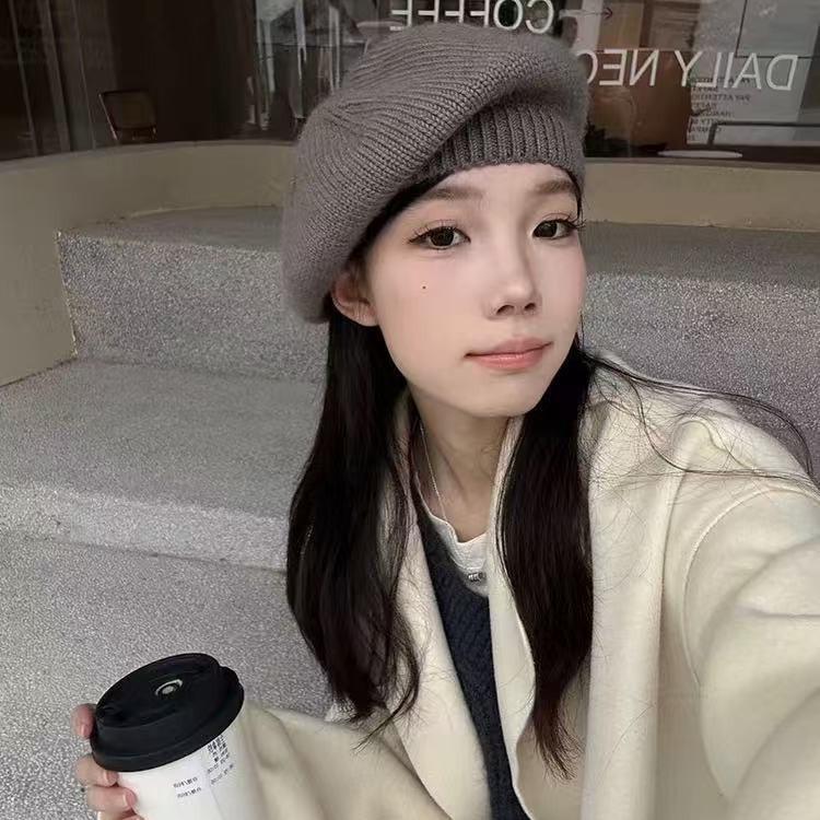 Matcha Grün Kaninchenfell Baskenmütze für Damen Herbst und Winter Literarische Retro Malermütze Vielseitige Mode Strickmütze Wollmütze