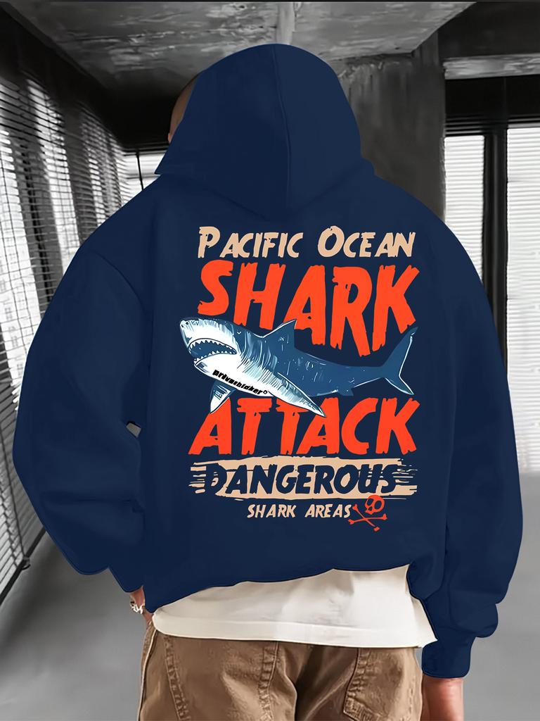 Streetwear Trendy Men's Hoodie with Shark Print Lettering, Hip-hop Style, Casual and Versatile Hoodie Perfect for Autumn and Winter.