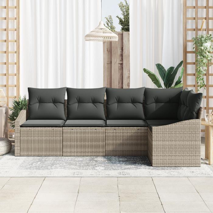 VidaXL Ensemble de salle à manger de jardin 5 pièces avec coussins en poly rattan gris clair 3355391