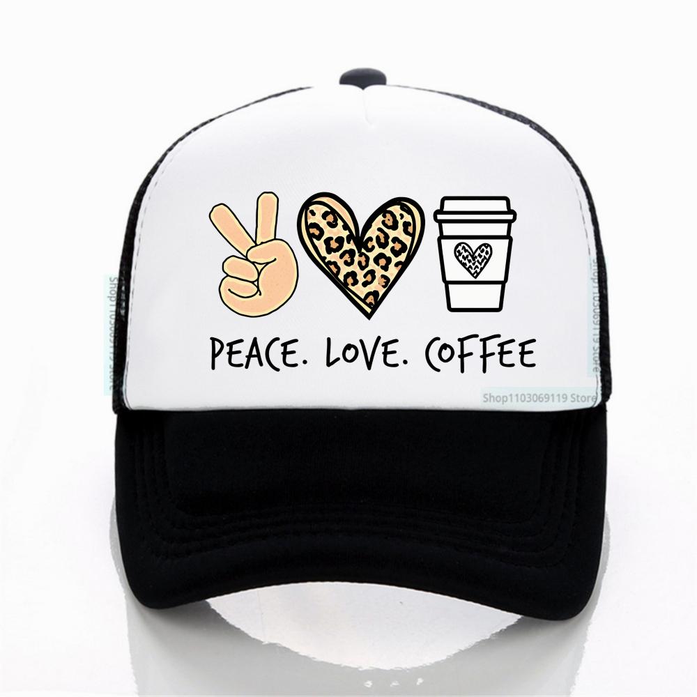 Womens Casual sunhat Peace Love Coffee Graphic Print with Leopard Heart Iced Coffee Design baseball cap Mesh breathable caps Adjustable