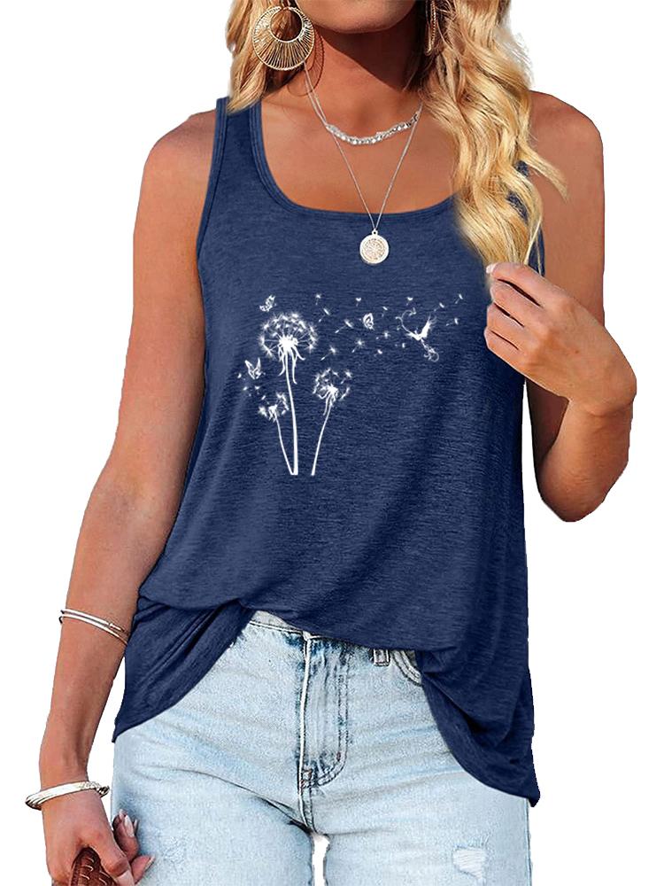 Women Fashion Print Sleeveless Top Summer Casual Round Neck T-shirt Pullover Loose Ladies Round Neck Tank Top